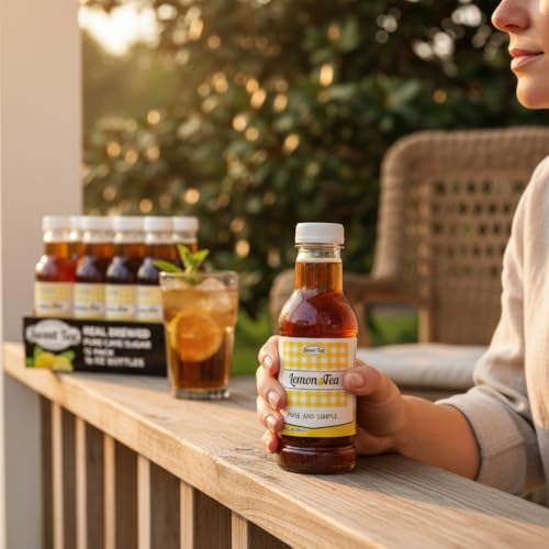 Woman holding a Southern Sweet Tea Co. Lemon Iced Tea bottle on a porch railing next to a 12-pack and a glass of iced tea.