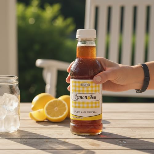 Southern Sweet Tea Co. Lemon Iced Tea held over a wooden table with fresh lemons and a glass of ice.