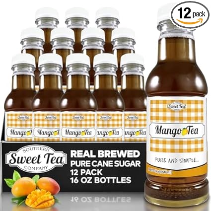 12-pack of Southern Sweet Tea Mango Iced Tea in 16 oz bottles, real brewed with pure cane sugar and natural mango flavor.