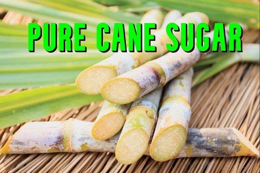 Fresh cut sugarcane stalks with PURE CANE SUGAR text overlay, highlighting Southern Sweet Tea’s natural ingredients.