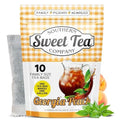 Southern Sweet Tea Co. Georgia Peach Iced Tea pouch with family-size tea bag, pitcher of iced tea, and fresh peaches.