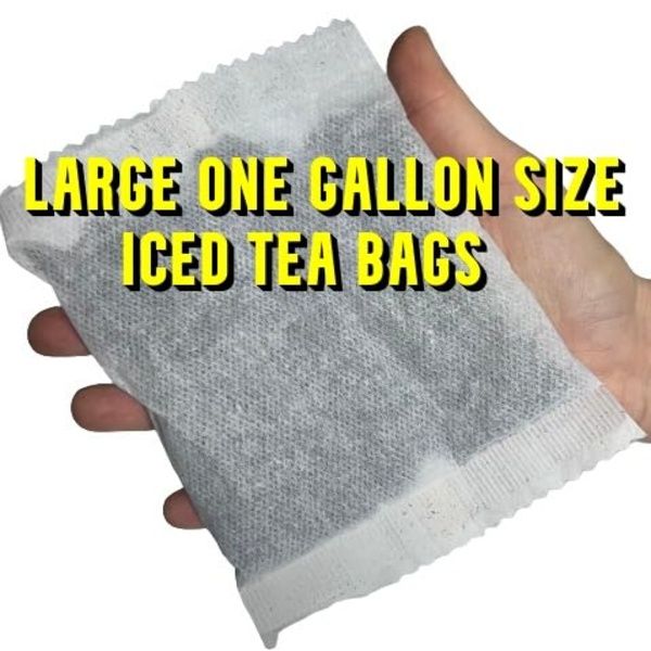 A hand holding a large Georgia Peach iced tea bag with yellow text overlay: Large One Gallon Size Iced Tea Bags.