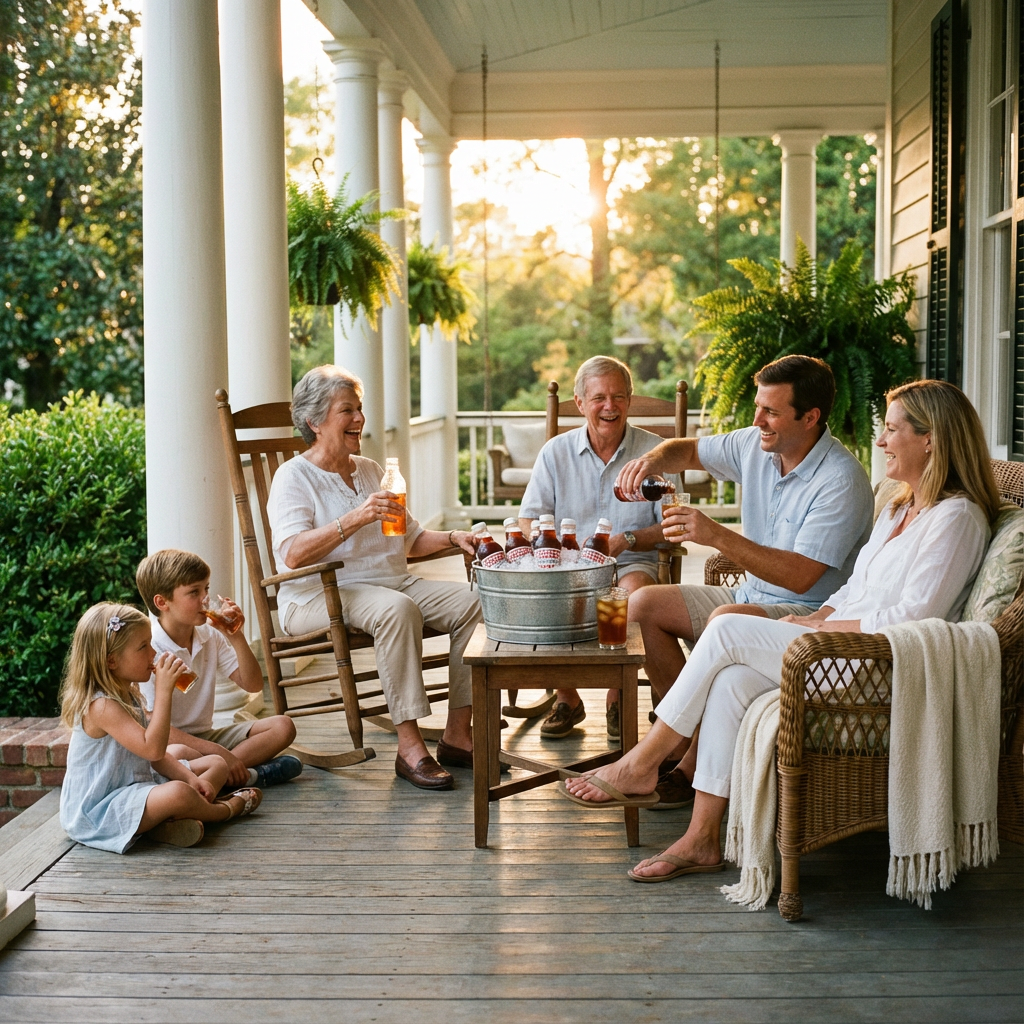 Multi-generational family enjoying Southern Sweet Tea Co. Real Brewed Black Tea on a sunny porch.